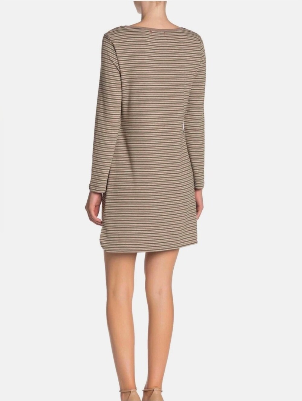 Max Studio Beige Striped Long-Sleeve Shift Dress
